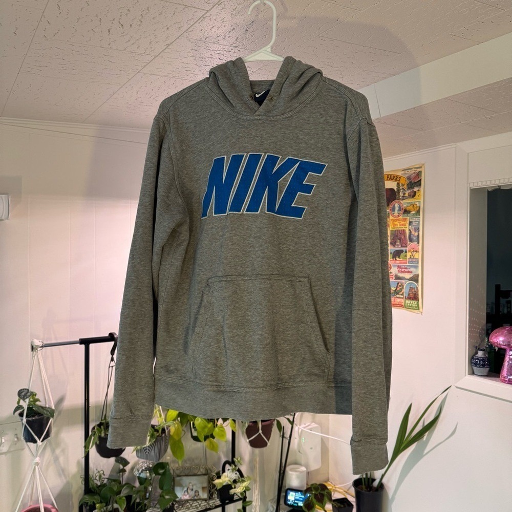 Nike Hoodie‎ Pullover Sweatshirt Blue Logo Spell Out Gray Casual Size M